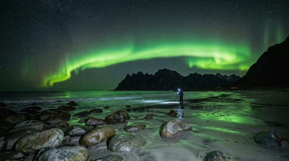 Green northern lights over the beach at Uttakleiv with the Lofoten peaks behind, a prime spot for the Lofoten northern lights