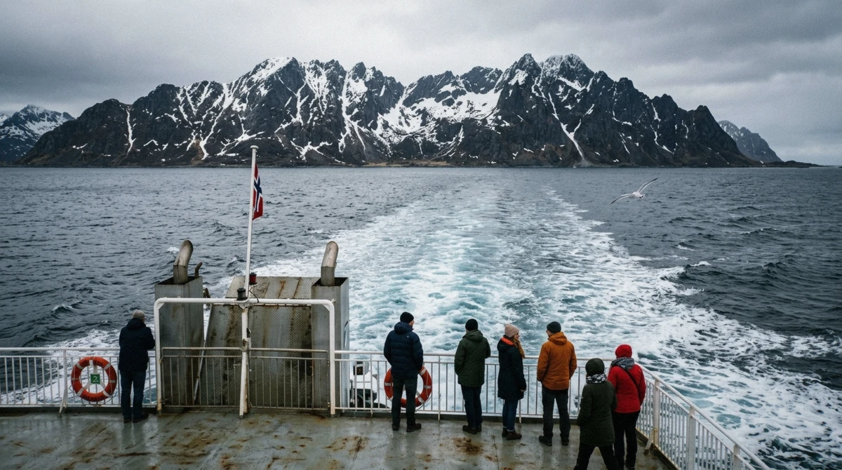The Bodø to Moskenes car ferry crossing Vestfjorden towards the Lofoten Islands with the mountain wall ahead