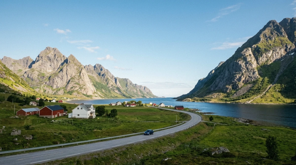 The E10 road running between fjord and mountains through the Lofoten Islands, the spine of any Lofoten Islands itinerary