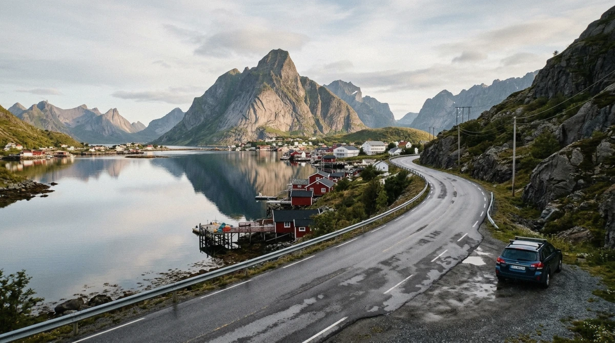 The E10 road curving between fjord and mountains near Reine on a full-day Lofoten Islands tour to Å