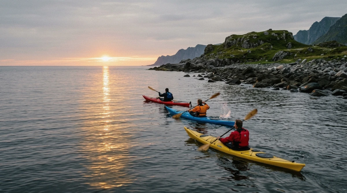 Kayakers on flat water off Eggum with the midnight sun low over the Atlantic on a summer Lofoten Islands tour