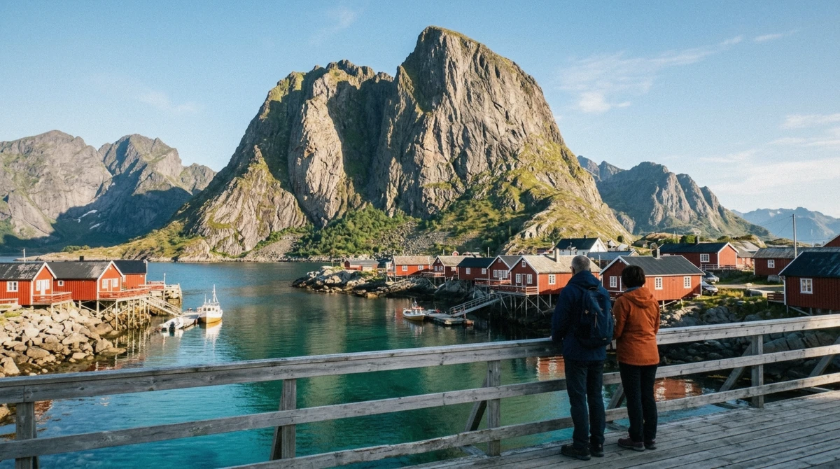 Red cabins at Hamnøy seen from the bridge with Reine's peaks behind, the main stop on a full day Lofoten tour to Å