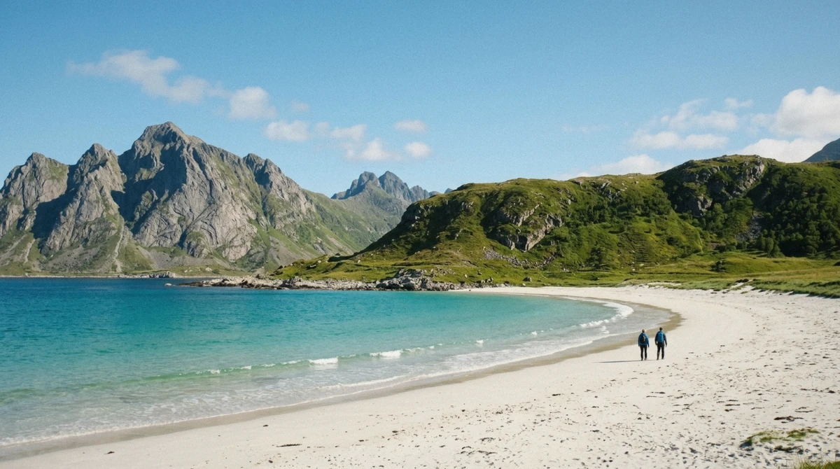 Haukland beach on Vestvågøy, a short drive from the middle bases when deciding where to stay in Lofoten