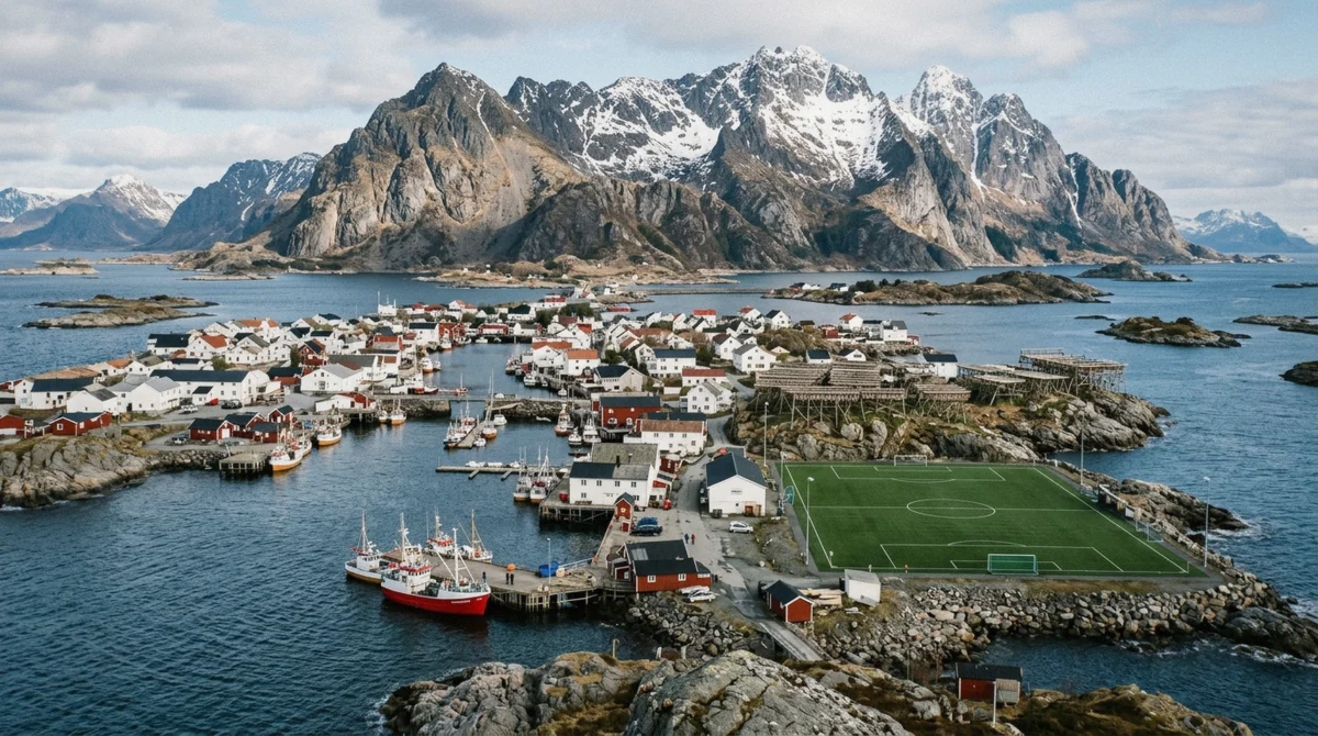 The harbour village of Henningsvær on its islands in Lofoten, one of the best things to do in Lofoten near Svolvær