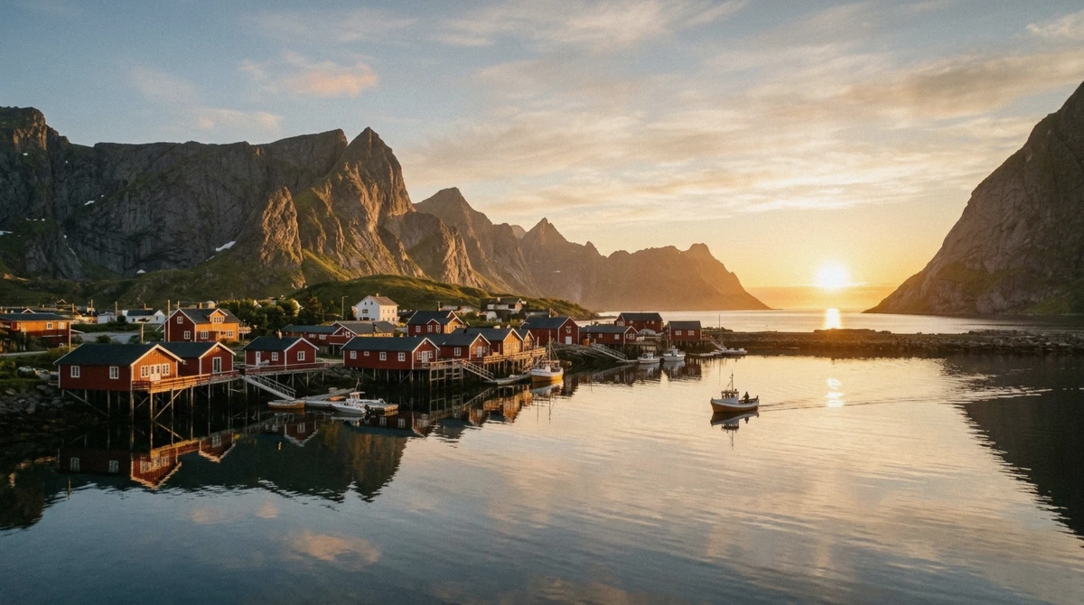 The midnight sun sitting low over the sea beyond Reine in Lofoten, with the peaks lit gold at one in the morning