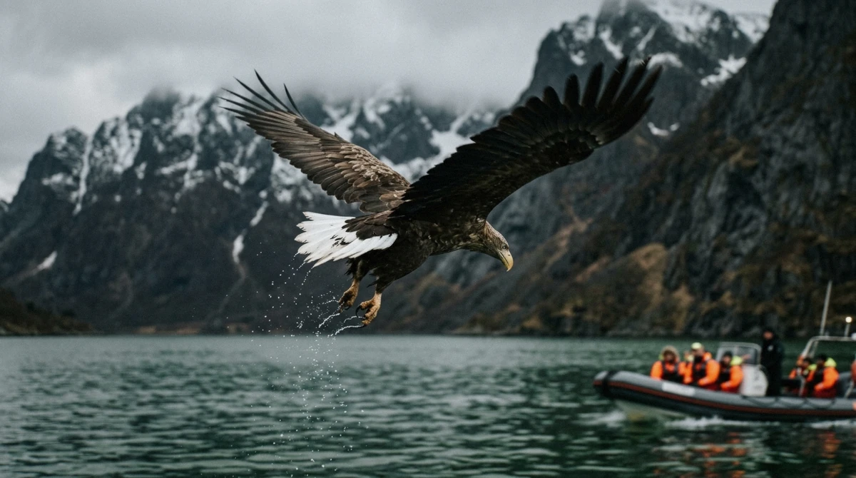 A white-tailed sea eagle diving beside a tour boat in Raftsundet on a Trollfjord cruise from Svolvær, Lofoten