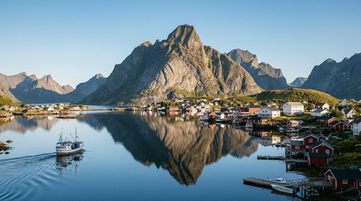 The village of Reine under the Reinebringen ridge, a base for chasing the Lofoten northern lights in winter