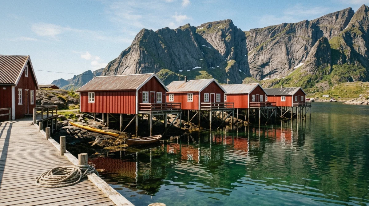 Red rorbu cabins on stilts over calm water beneath a granite peak, the classic place to stay in Lofoten