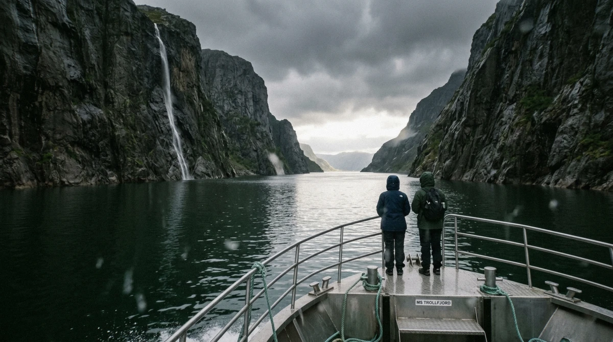 The narrow 100-metre entrance to Trollfjord seen from a boat on a Lofoten Islands tour, with 900-metre walls on both sides