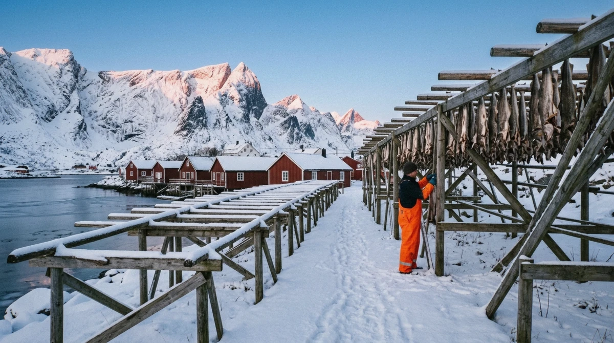 Wooden cod drying racks and snow-covered fishing cabins in a Lofoten village during the winter skrei season