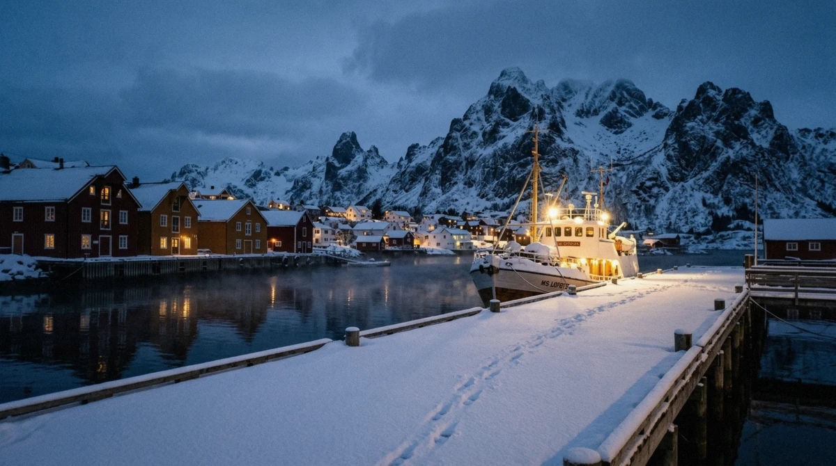 Snow-covered peaks above Svolvær harbour in winter, when Lofoten Islands tours still sail into Trollfjord daily